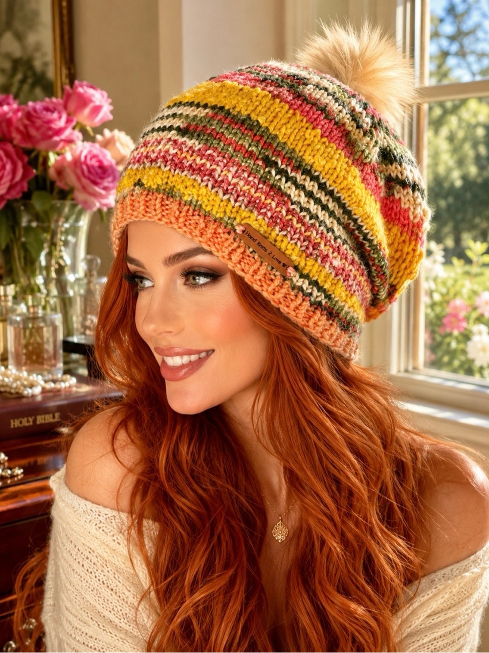 Beanie Slouch by Hand Knits 2 Love Rainbow Designer Faux Fur Pom Pom Hip Fun Cap